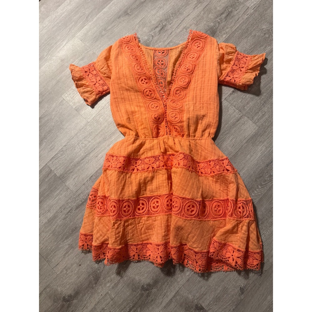 Peixoto coral Crochet Lace Trim Gauze Mini Dress XS Boho Summer Beach dress